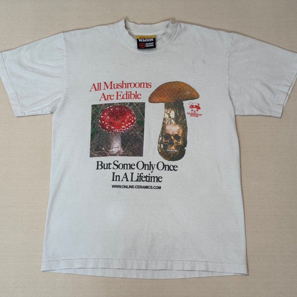 Online Ceramics All Mushrooms Are Edible Skull T-Shirt White Small Haunted Wagon